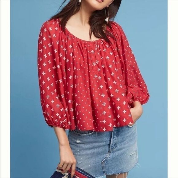 🅢🅐🅛🅔 Anthropologie Kopal Red Top Luma Peasant Blouse Medium - Picture 1 of 7